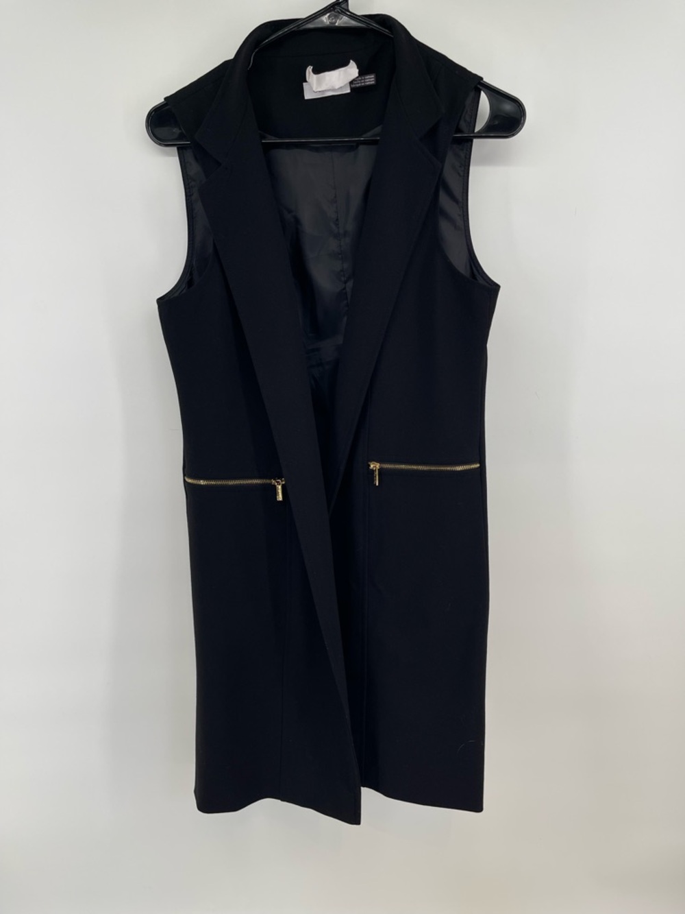 Calvin Klein Sleeveless Black Long Vest Open Lapel Gold  Contemporary Black M/Lg